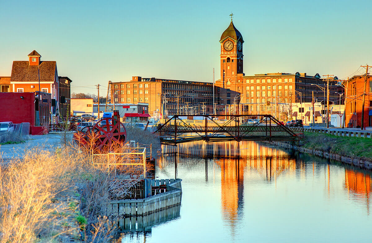 Historic mill architecture along the Merrimack River in Lawrence, Massachusetts